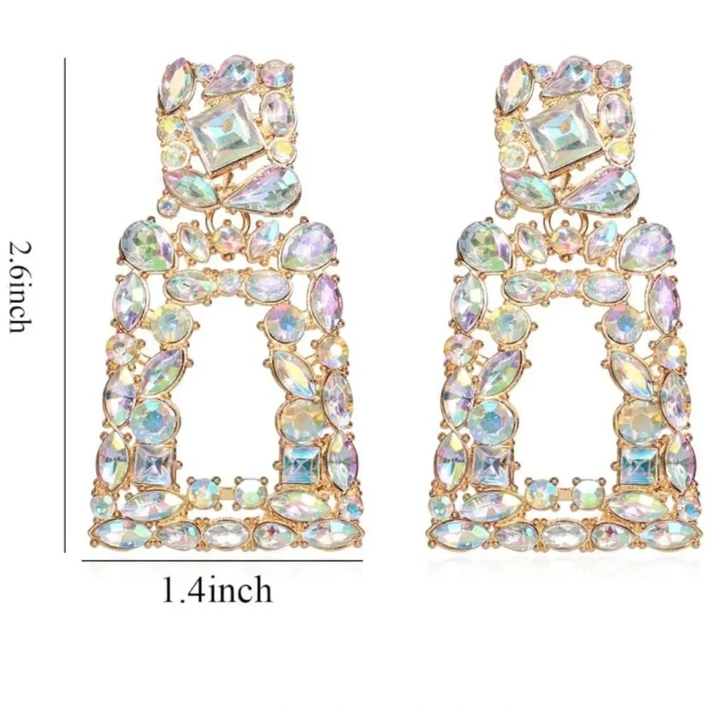 Yellow Gold with Iridescent AB Crystal Geometric Rectangle Post Back Earrings